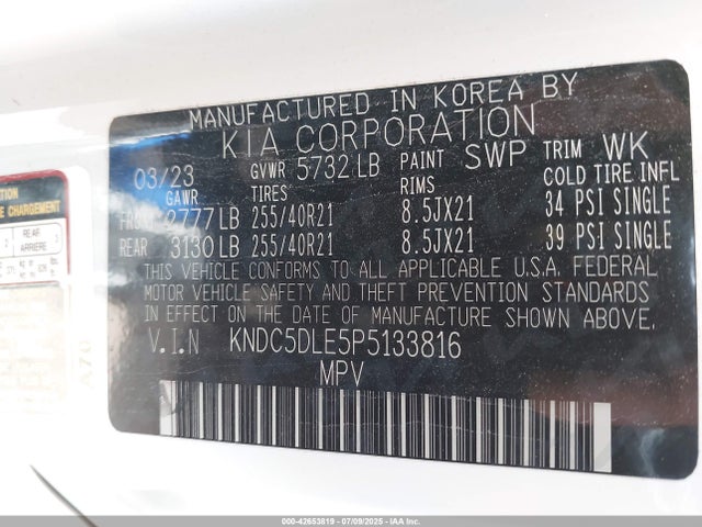2023 Kia Ev6 Gt მანქანა იყიდება აუქციონზე, vin: KNDC5DLE5P5133816, აუქციონის ნომერი: 42653819