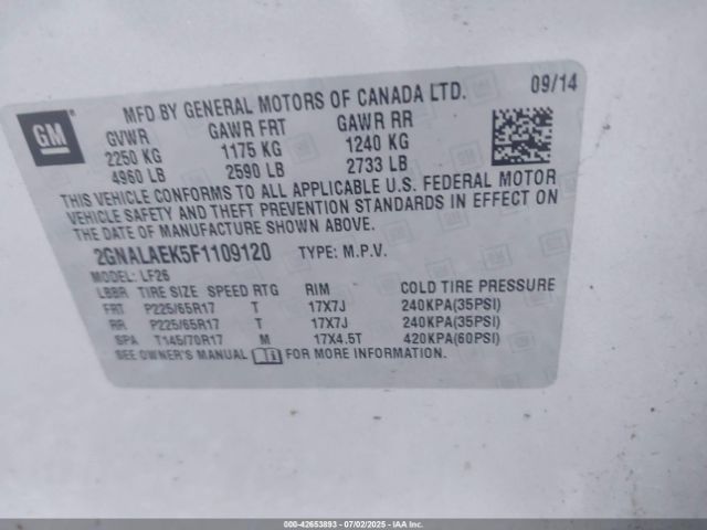 2GNALAEK5F1109120 Chevrolet lea - flex fuel (gas/alc), aluminum, ho,