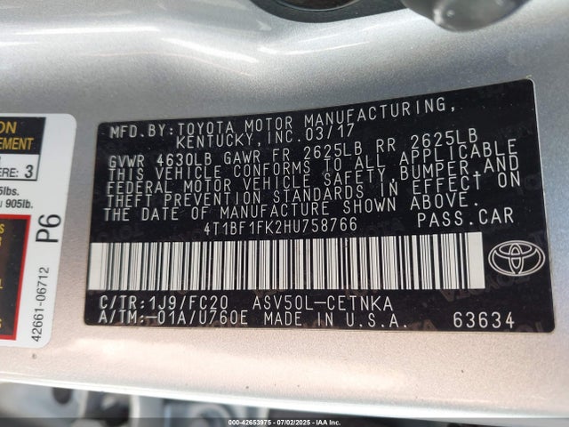Toyota 2ar-fe 2017 4T1BF1FK2HU758766 Image 9
