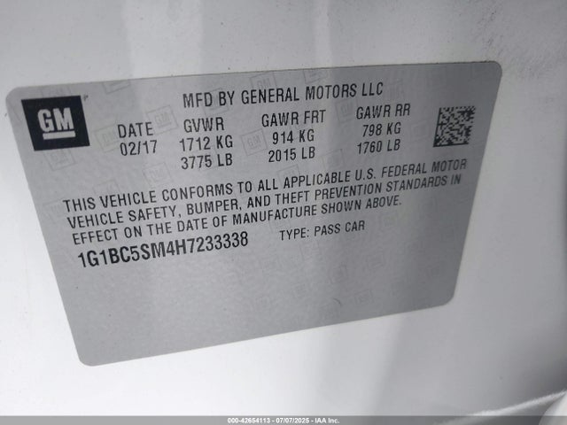 1G1BC5SM4H7233338 Chevrolet le2 -di: direct injection, vvt: variable valve timing, gen, alum