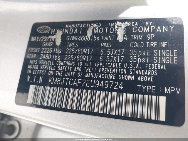 KM8JTCAF2EU949724 Hyundai gdi nu