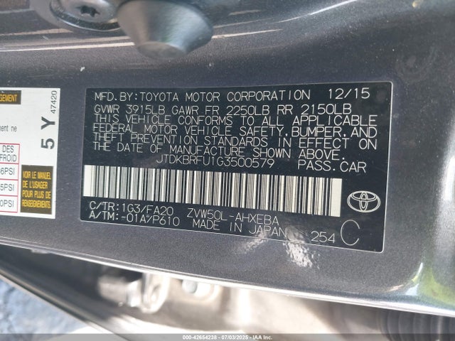 JTDKBRFU1G3500579 Toyota 2zr-fxe,1nm