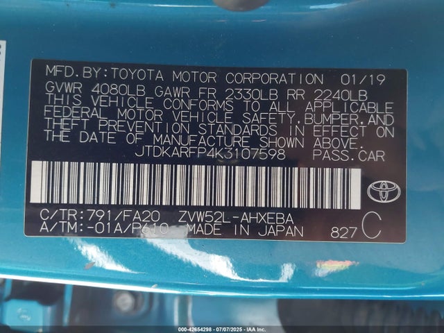 Toyota 2zr-fxe+1nm 2019 JTDKARFP4K3107598 Image 9
