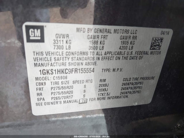 1GKS1HKC9FR155554 GMC l83 - vvt, active fuel management, aluminum