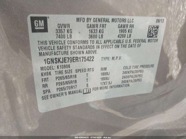 1GNSKJE79ER175422 Chevrolet lc9 - flex fuel (gas/alc), aluminium cylinder, deactivation