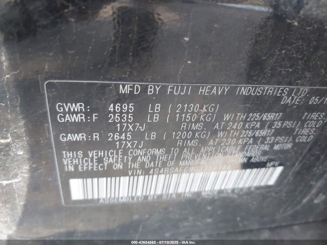Subaru 2.5l u5 2016 4S4BSAFC9G3350144 Image 9