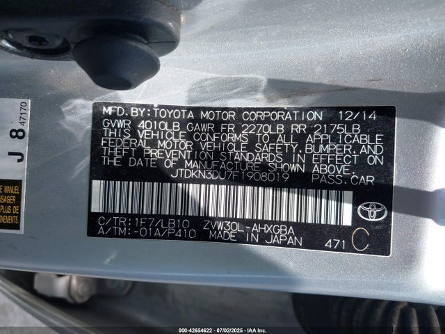 Toyota 2zr-fxe+3jm 2015 JTDKN3DU7F1908019 Image 9