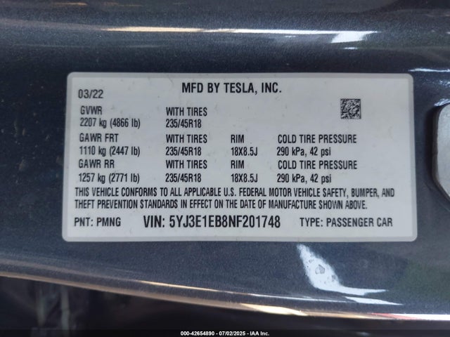 2022 TESLA MODEL 3 5YJ3E1EB8NF201748 Photo 8