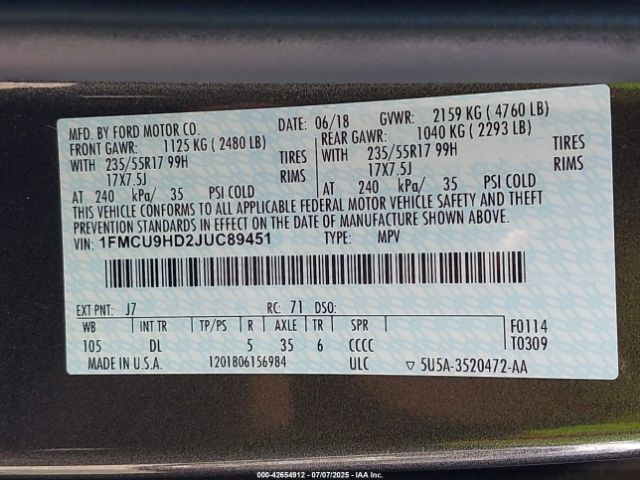 2018 FORD ESCAPE 1FMCU9HD2JUC89451 Photo 8