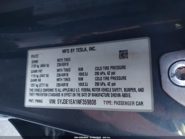 2022 TESLA MODEL 3 5YJ3E1EA1NF359808 Photo 8