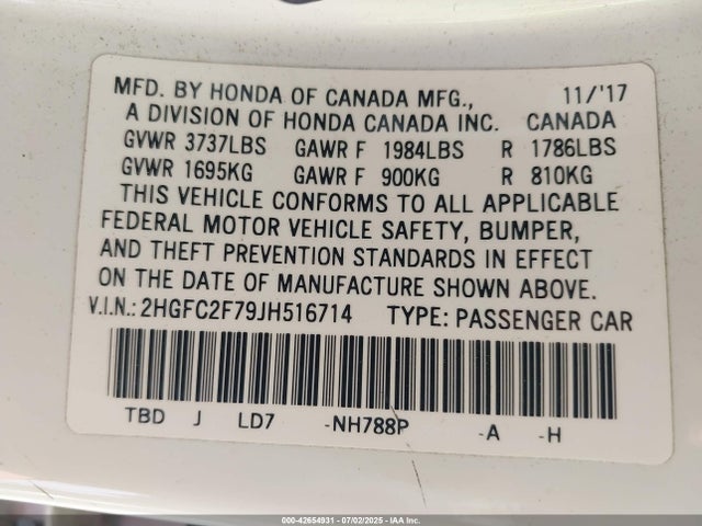 Honda k20c2 2018 2HGFC2F79JH516714 Image 9
