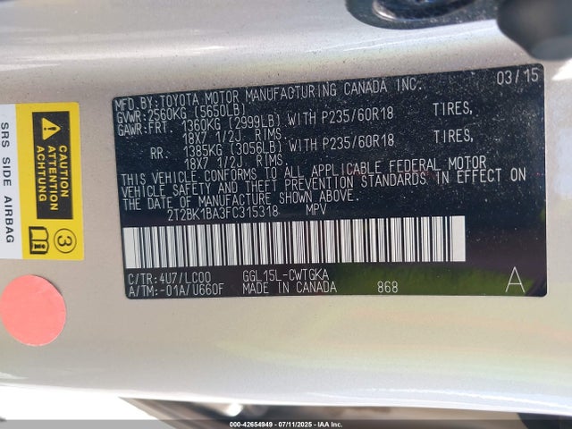 Lexus 2gr-fe 2015 2T2BK1BA3FC315318 Image 9