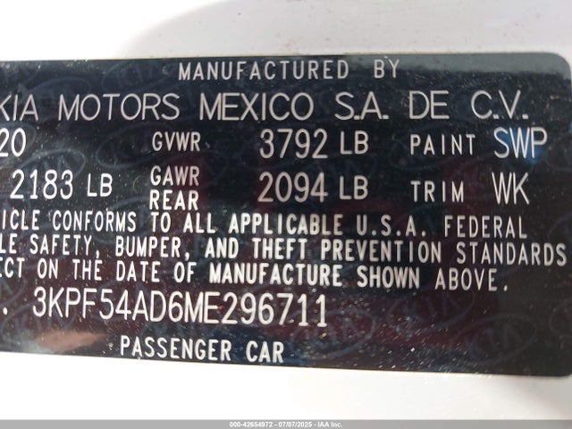 3KPF54AD6ME296711 KIA mpi nu