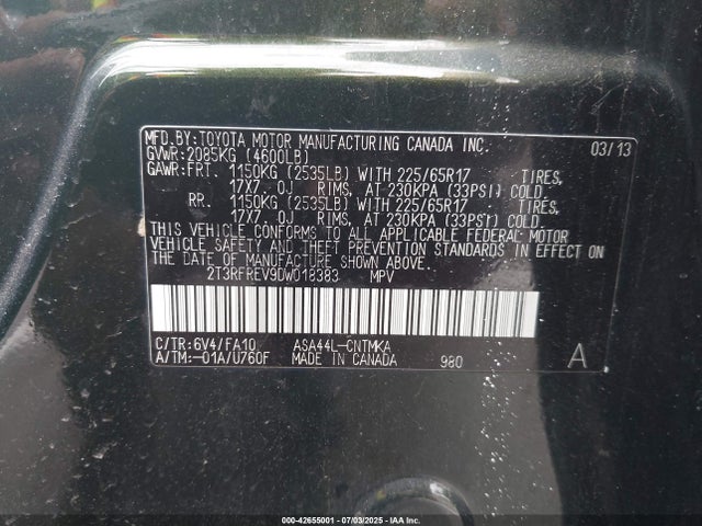 Aukcja sprzedaży 2013 Toyota Rav4 Xle, vin: 2T3RFREV9DW018383, numer aukcji: 42655001