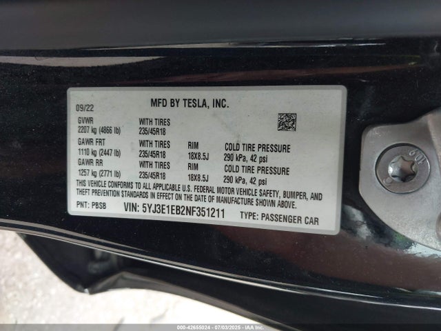 Tesla 2022 2022 5YJ3E1EB2NF351211 Image 9