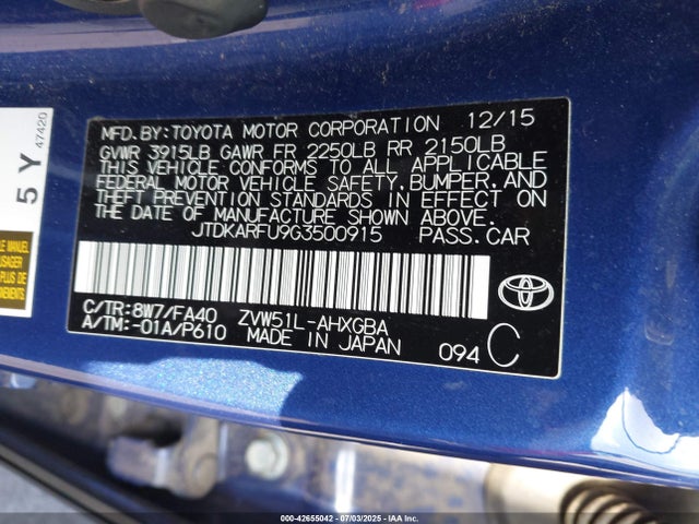 JTDKARFU9G3500915 Toyota 2zr-fxe,1nm