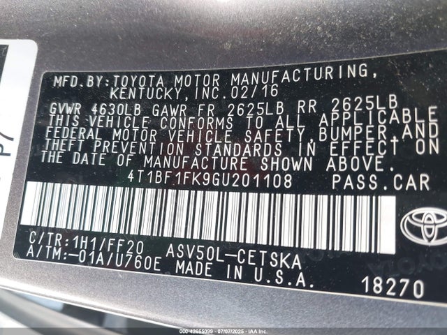 4T1BF1FK9GU201108 Toyota 2ar-fe