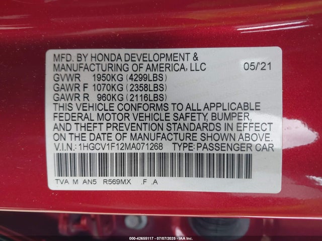 1HGCV1F12MA071268 Honda l15be