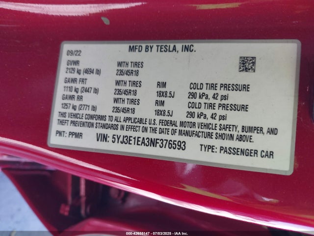 2022 TESLA MODEL 3 5YJ3E1EA3NF376593 Photo 8