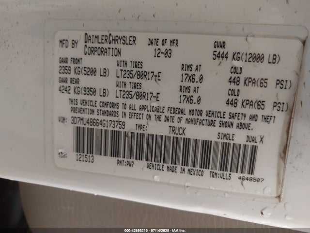 Aukcja sprzedaży 2004 Dodge Ram 3500 Slt/laramie, vin: 3D7MU48664G173759, numer aukcji: 42655219