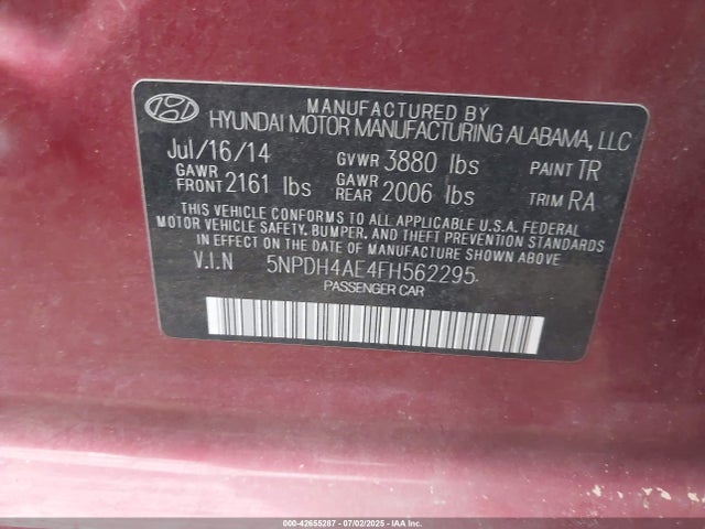 Hyundai dohc mpi nu 2015 5NPDH4AE4FH562295 Image 9