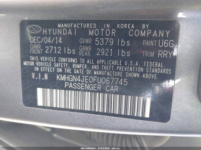 KMHGN4JE0FU067745 Hyundai gasoline 3.8 dohc mpi lambda