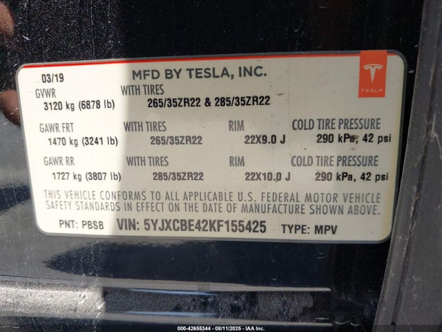 Tesla MODEL X 2019 5YJXCBE42KF155425 Image 9