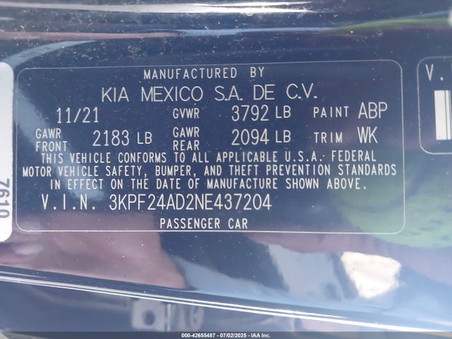 Aukcja sprzedaży 2022 Kia Forte Lxs, vin: 3KPF24AD2NE437204, numer aukcji: 42655487