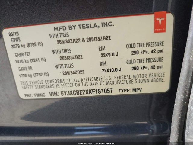 2019 TESLA MODEL X 5YJXCBE2XKF181057 Photo 8