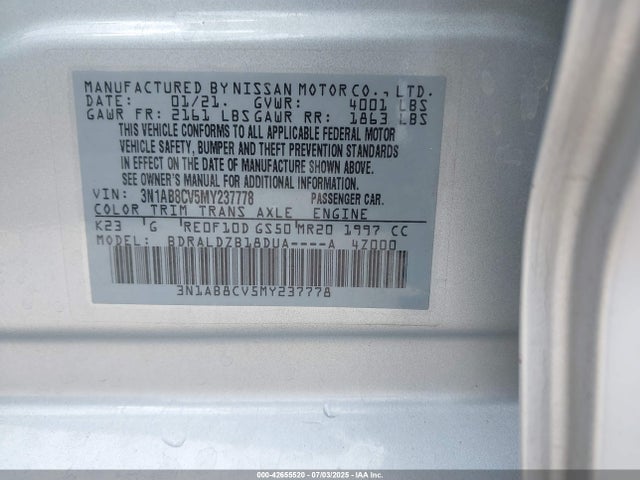 3N1AB8CV5MY237778 Nissan Sentra