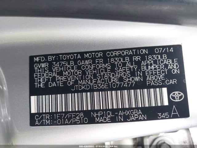 JTDKDTB36E1077477 Toyota 1nz-fxe+1lm