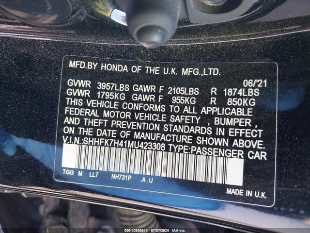 SHHFK7H41MU423308 Honda l15ba