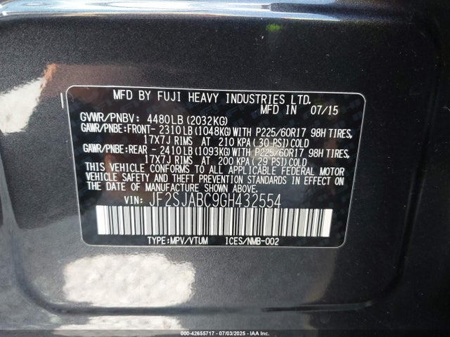 JF2SJABC9GH432554 Subaru naturally aspirated u5