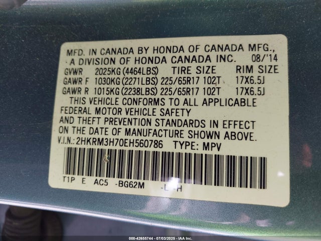 Honda k24z7 2014 2HKRM3H70EH560786 Image 9