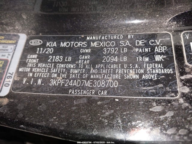 Aukcja sprzedaży 2021 Kia Forte Lxs, vin: 3KPF24AD7ME308700, numer aukcji: 42655766