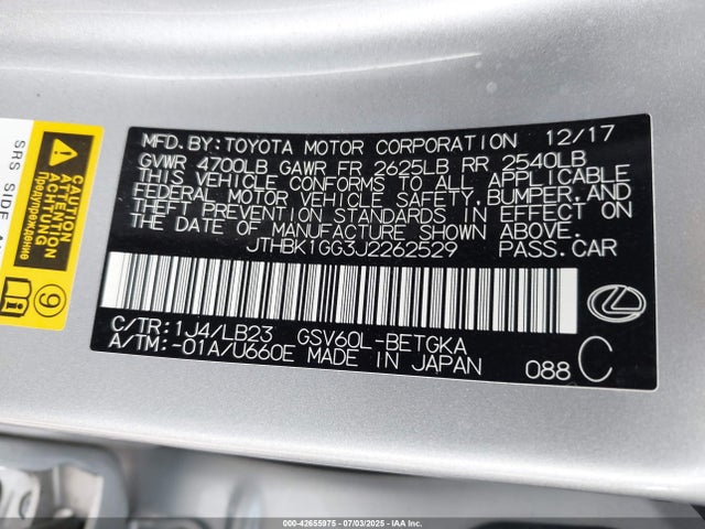 JTHBK1GG3J2262529 Lexus 2gr-fe