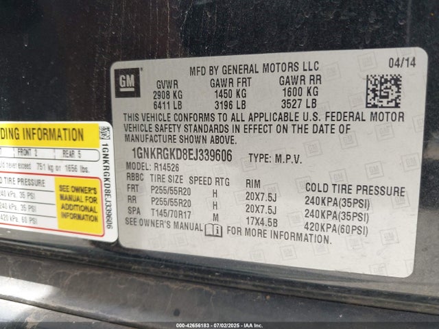 1GNKRGKD8EJ339606 Chevrolet llt