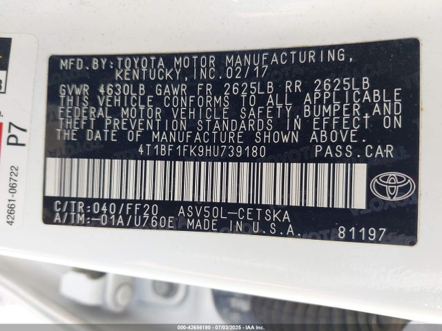 4T1BF1FK9HU739180 Toyota 2ar-fe