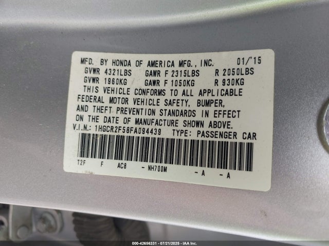 Honda k24w1 2015 1HGCR2F58FA094439 Image 9