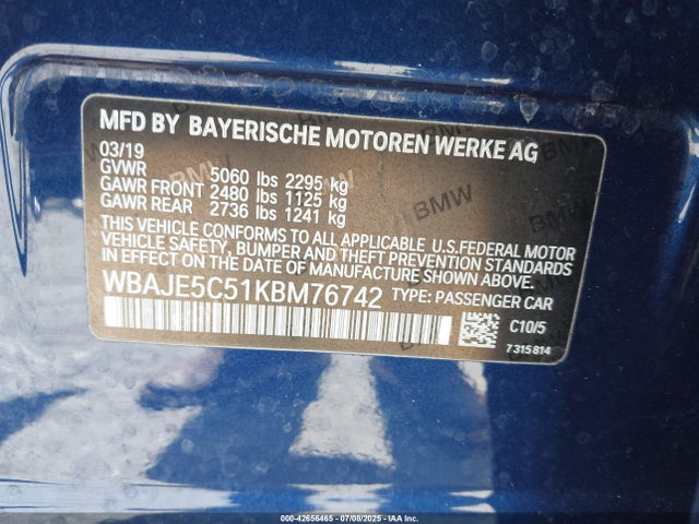 BMW 540I 2019 WBAJE5C51KBM76742 Image 9