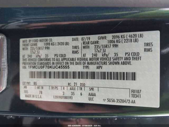 2019 FORD ESCAPE 1FMCU0F70KUC45555 Photo 8