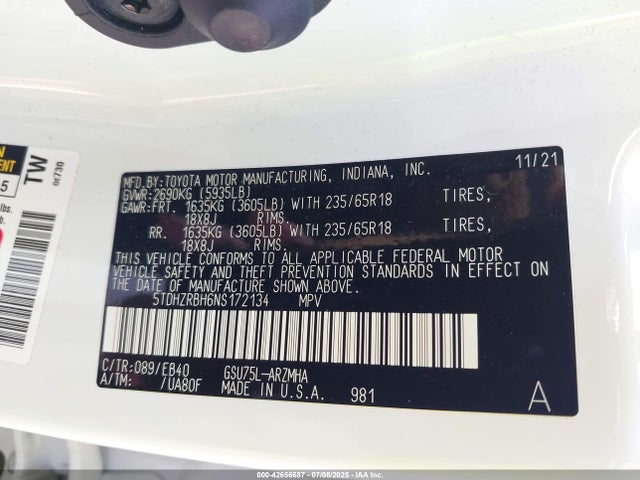 5TDHZRBH6NS172134 Toyota 2gr-fks