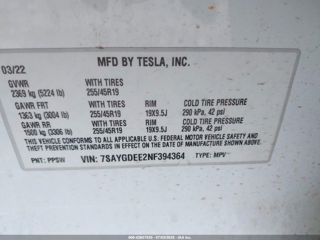 2022 TESLA MODEL Y 7SAYGDEE2NF394364 Photo 8
