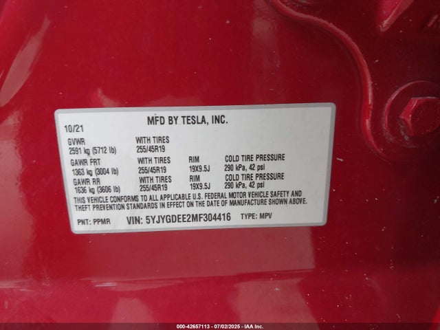 2021 TESLA MODEL Y 5YJYGDEE2MF304416 Photo 8