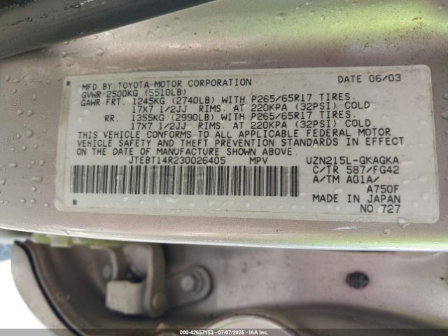 2003 TOYOTA 4RUNNER JTEBT14R230026405 Photo 8