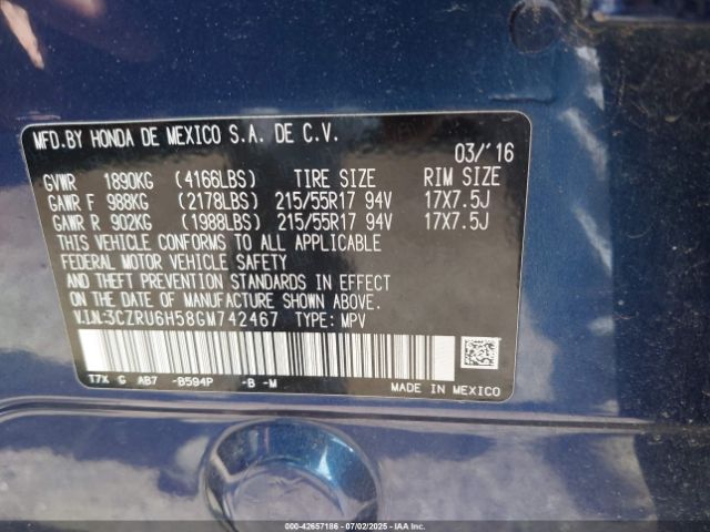 2016 HONDA HR-V 3CZRU6H58GM742467 Photo 8