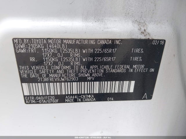 2T3RFREV9JW762903 Toyota 2ar-fe