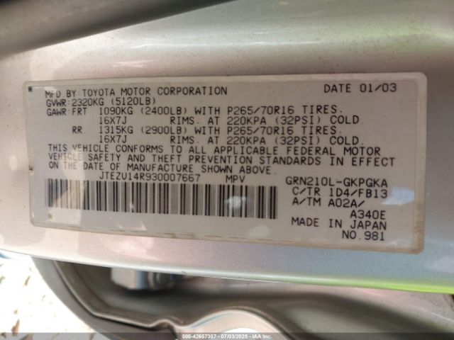 2003 TOYOTA 4RUNNER JTEZU14R930007667 Photo 8