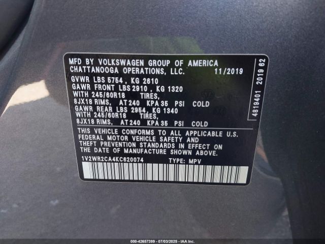 2019 VOLKSWAGEN ATLAS 1V2WR2CA4KC620074 Photo 8