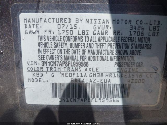 2015 NISSAN VERSA 3N1CN7AP8FL959566 Photo 8